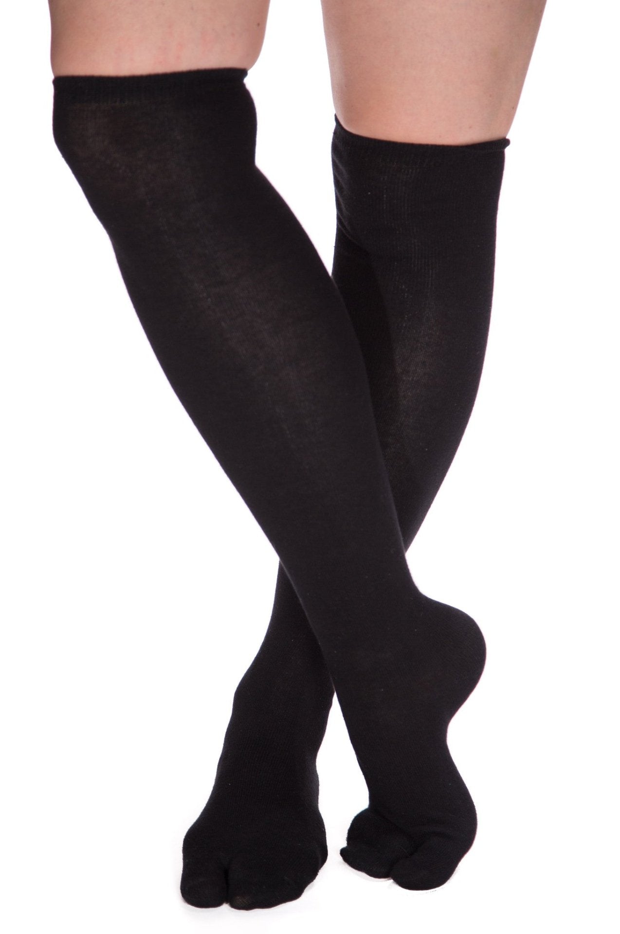 1 Pair - V-Toe Flip Flop Tabi Socks - Over The Knee Black Solid - Drakoi Marketplace