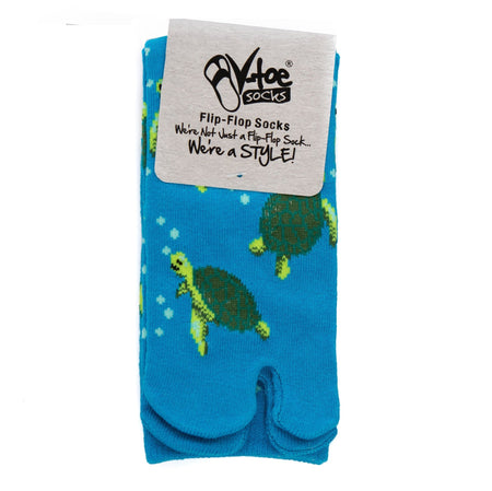 1 Pair - V-Toe Flip Flop Tabi Socks - Turquoise with Green Turtle - Drakoi Marketplace