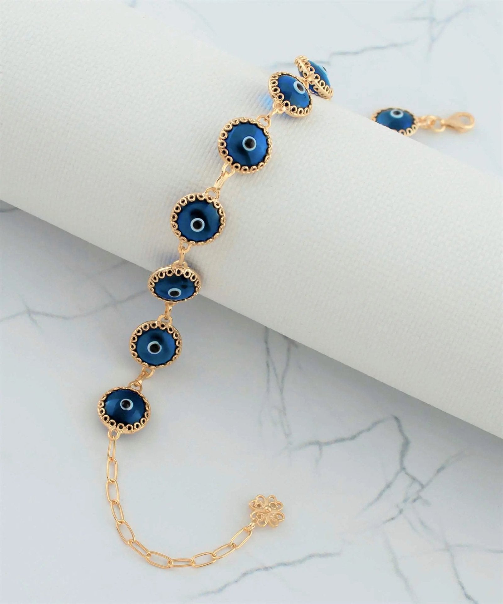 10 Beads Blue Evil Eye Women Gold Plated Silver Link Bracelet - Drakoi Marketplace