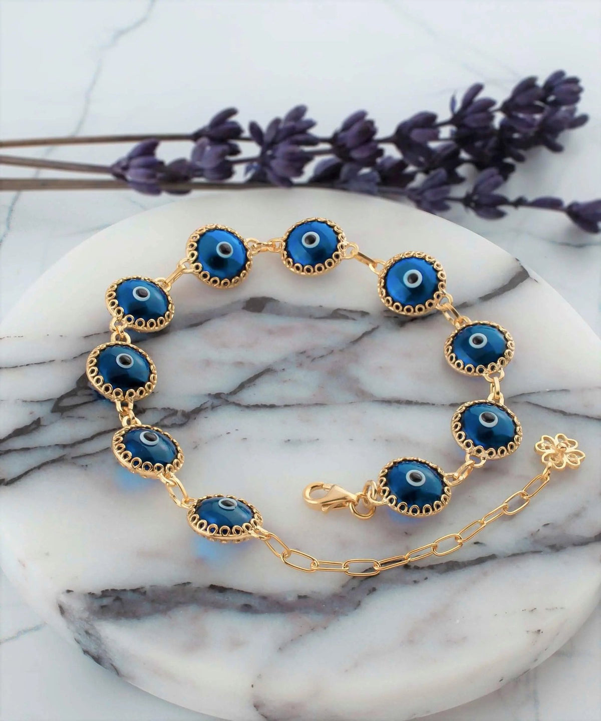 10 Beads Blue Evil Eye Women Gold Plated Silver Link Bracelet - Drakoi Marketplace