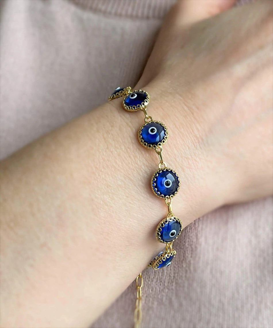 10 Beads Blue Evil Eye Women Gold Plated Silver Link Bracelet - Drakoi Marketplace