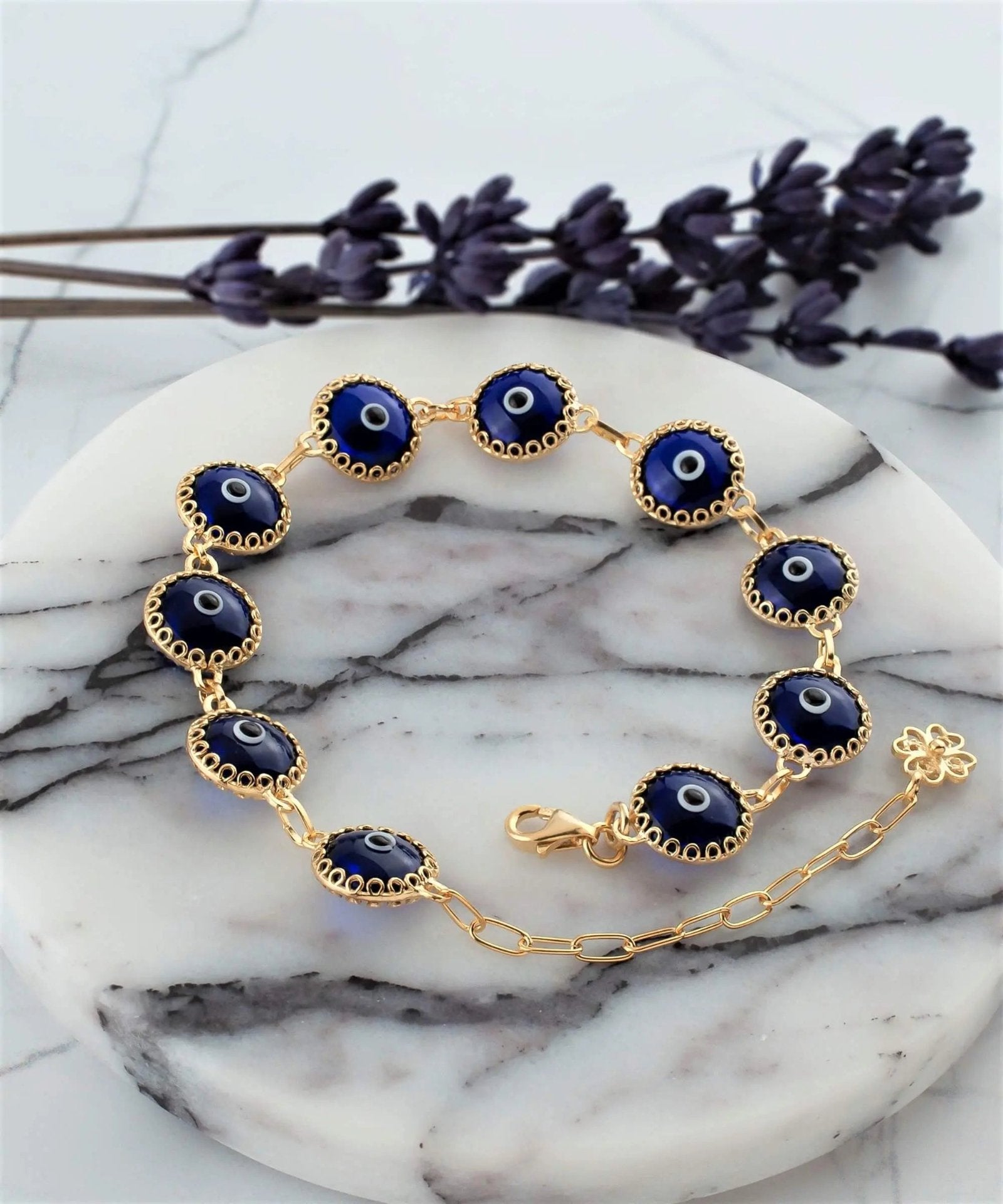 10 Beads Dark Blue Evil Eye Women Gold Plated Silver Link Bracelet - Drakoi Marketplace