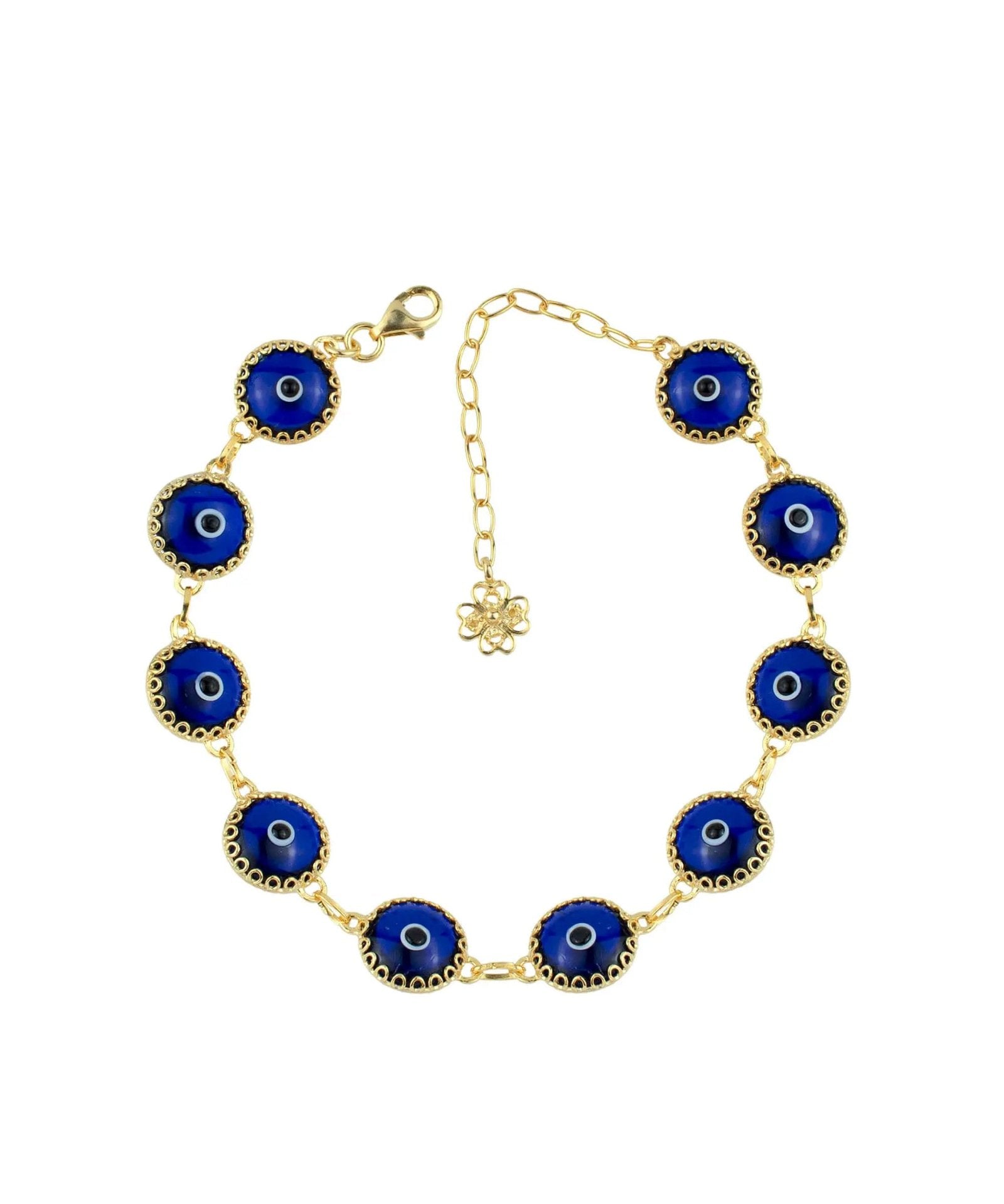 10 Beads Dark Blue Evil Eye Women Gold Plated Silver Link Bracelet - Drakoi Marketplace