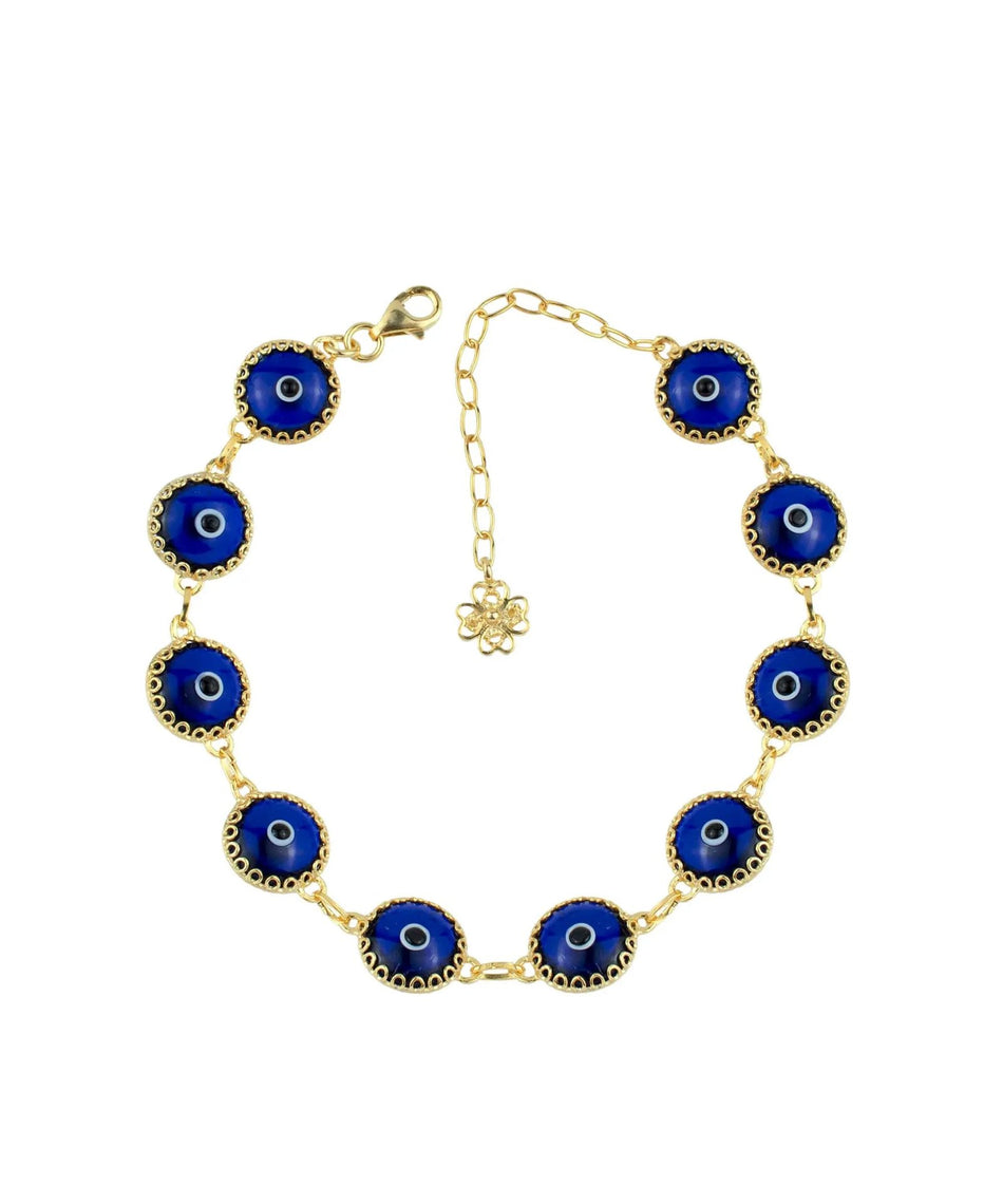 10 Beads Dark Blue Evil Eye Women Gold Plated Silver Link Bracelet - Drakoi Marketplace