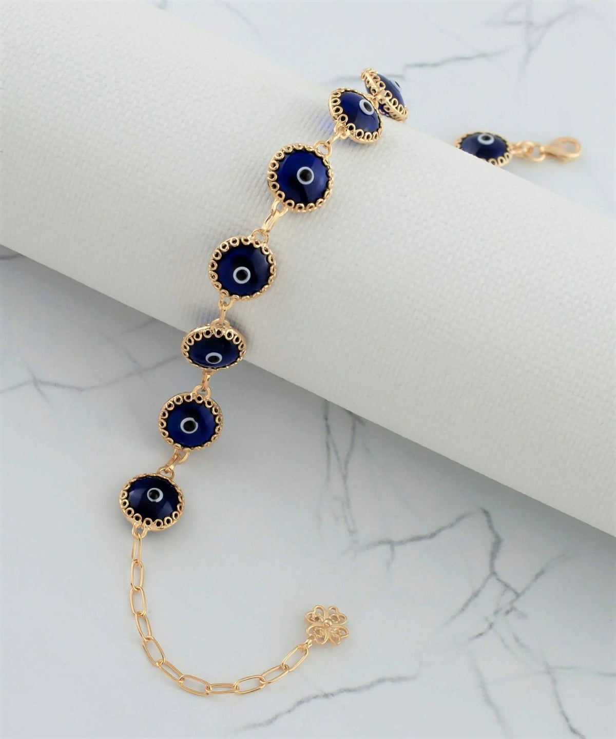 10 Beads Dark Blue Evil Eye Women Gold Plated Silver Link Bracelet - Drakoi Marketplace