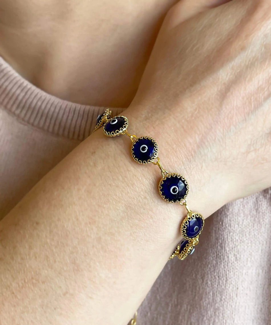 10 Beads Dark Blue Evil Eye Women Gold Plated Silver Link Bracelet - Drakoi Marketplace