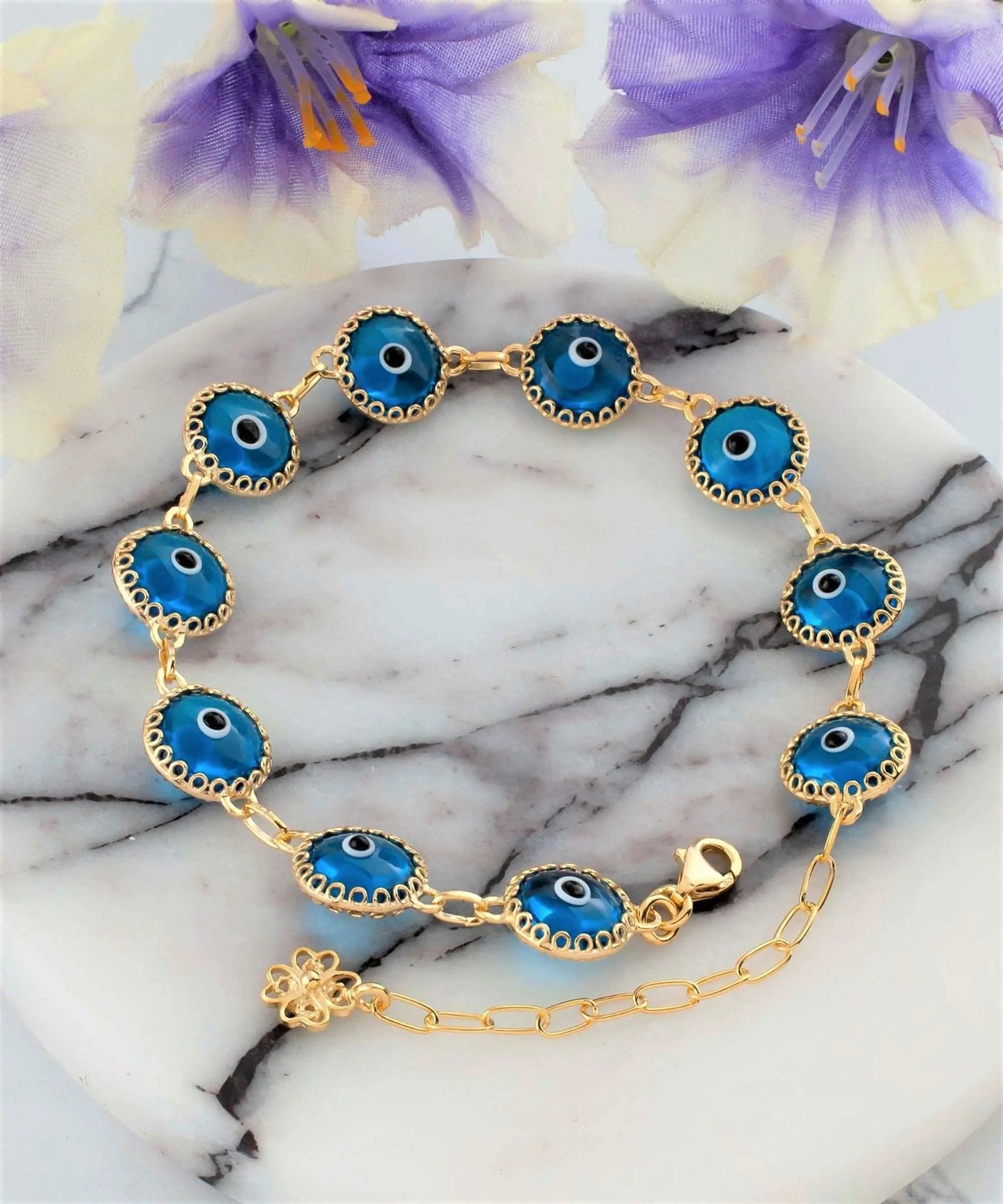 10 Beads Lapis Blue Evil Eye Women Gold Plated Silver Link Bracelet - Drakoi Marketplace