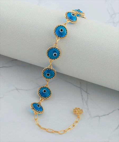 10 Beads Lapis Blue Evil Eye Women Gold Plated Silver Link Bracelet - Drakoi Marketplace