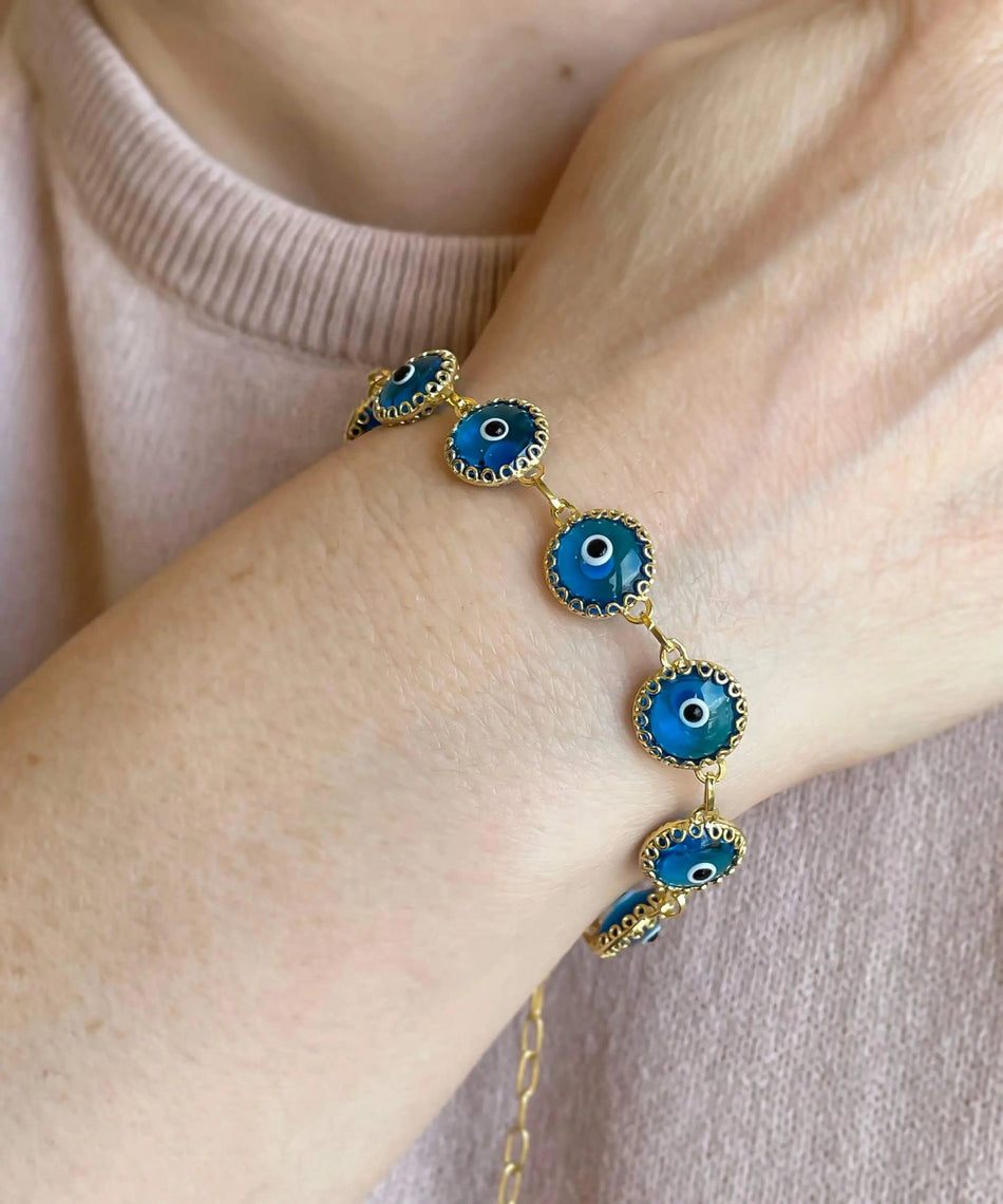 10 Beads Lapis Blue Evil Eye Women Gold Plated Silver Link Bracelet - Drakoi Marketplace