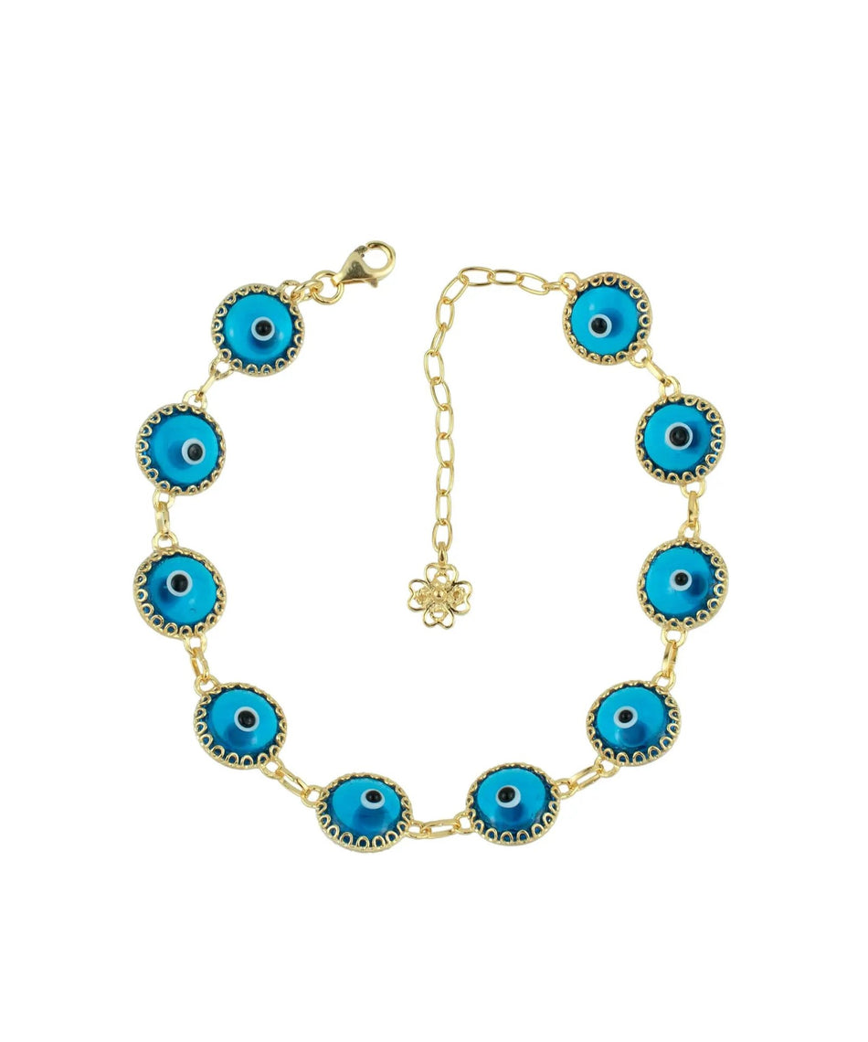 10 Beads Lapis Blue Evil Eye Women Gold Plated Silver Link Bracelet - Drakoi Marketplace