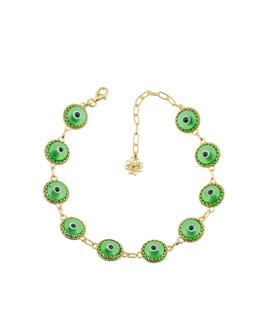 10 Beads Mint Green Evil Eye Women Gold Plated Silver Link Bracelet - Drakoi Marketplace