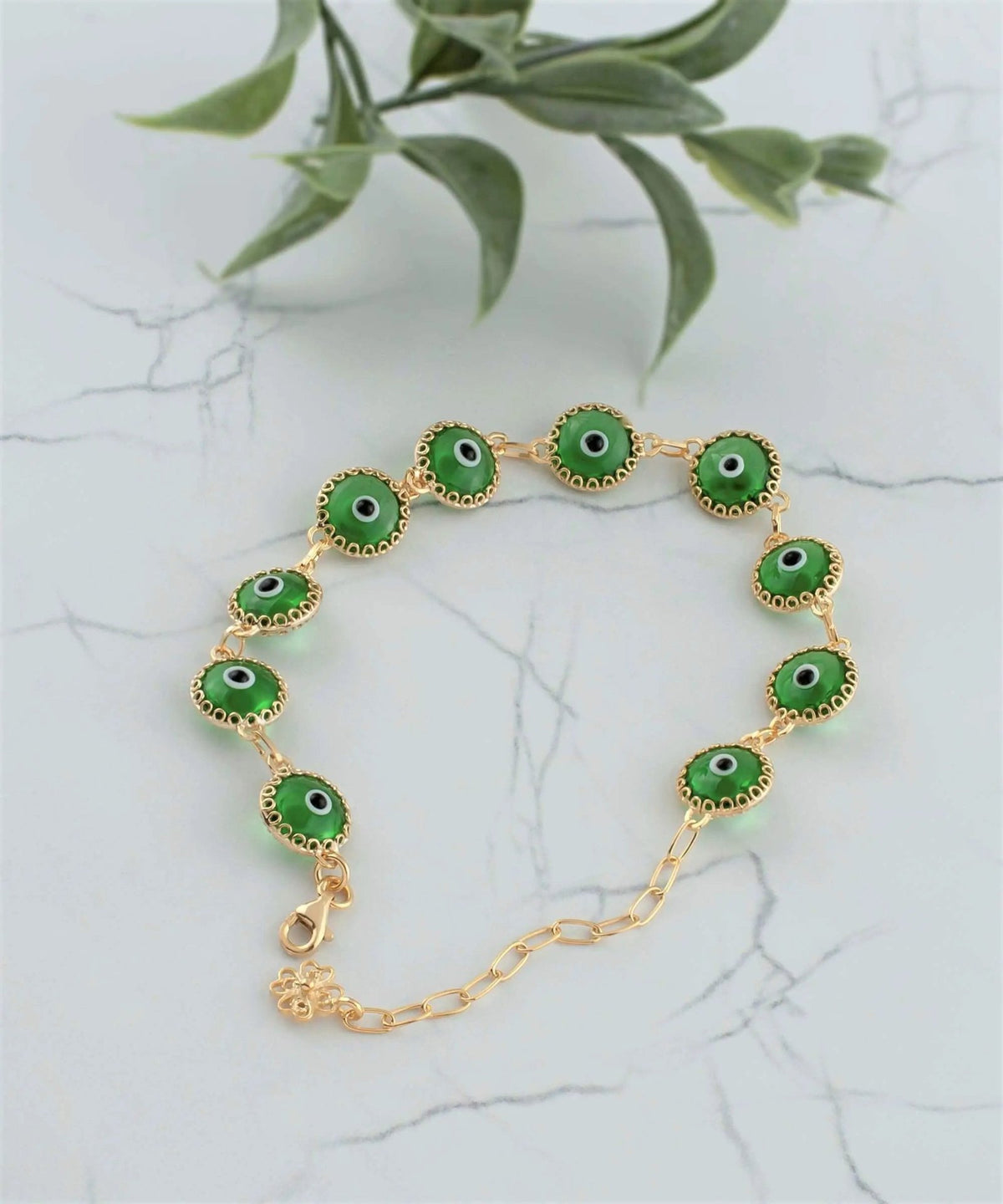 10 Beads Mint Green Evil Eye Women Gold Plated Silver Link Bracelet - Drakoi Marketplace