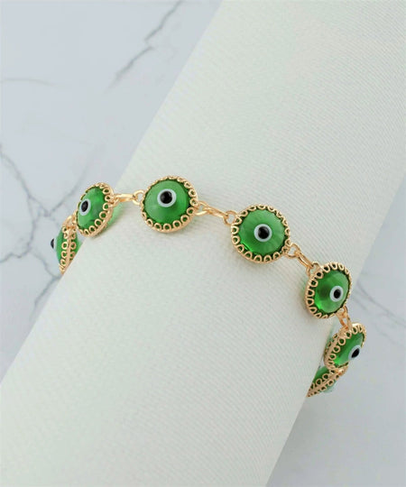 10 Beads Mint Green Evil Eye Women Gold Plated Silver Link Bracelet - Drakoi Marketplace