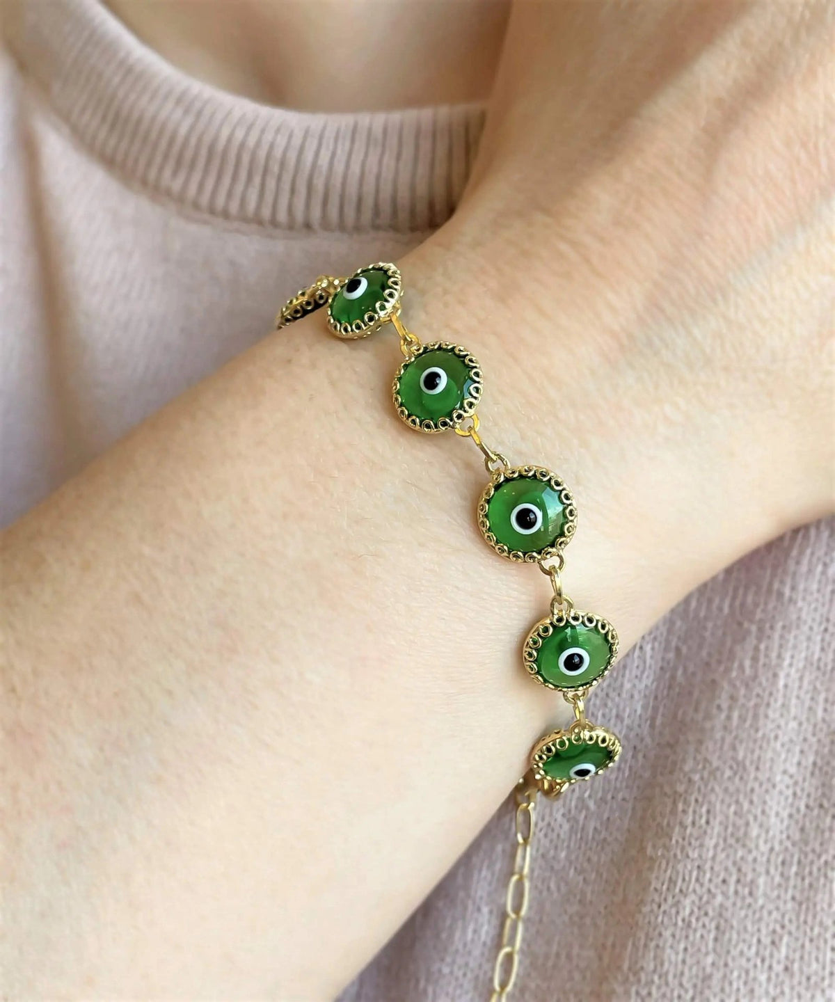 10 Beads Mint Green Evil Eye Women Gold Plated Silver Link Bracelet - Drakoi Marketplace