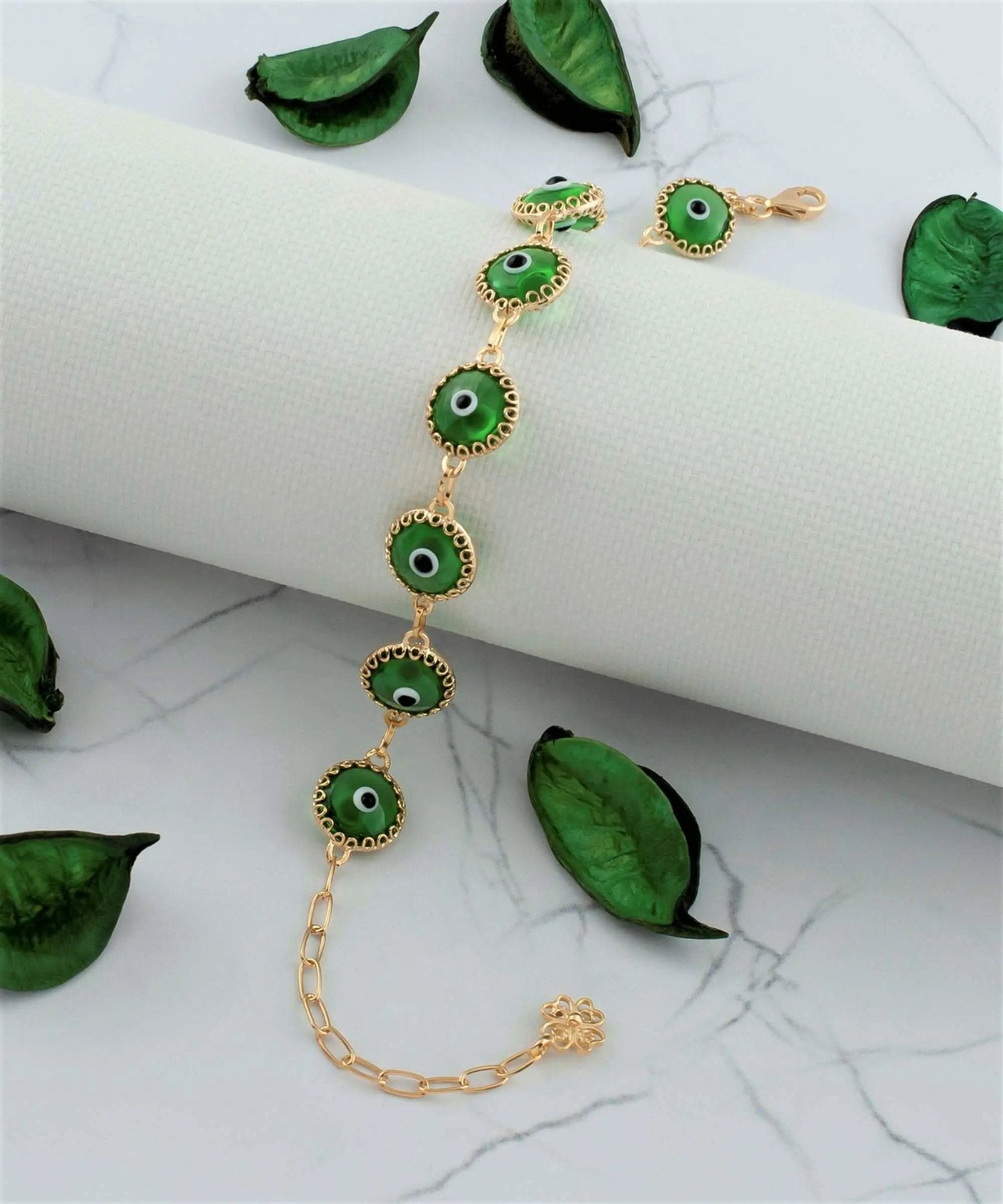 10 Beads Mint Green Evil Eye Women Gold Plated Silver Link Bracelet - Drakoi Marketplace