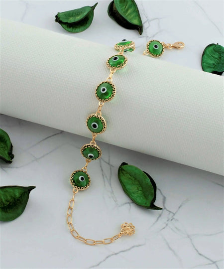 10 Beads Mint Green Evil Eye Women Gold Plated Silver Link Bracelet - Drakoi Marketplace