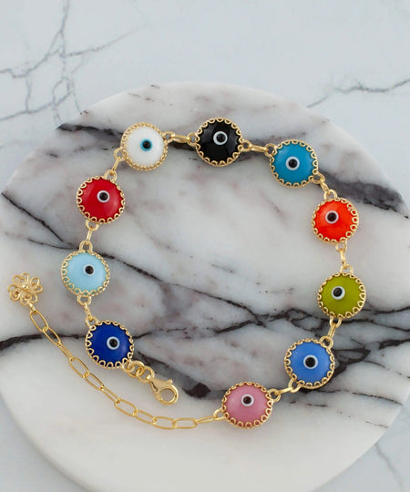 10 Beads Multicolor Evil Eye Women Gold Plated Silver Link Bracelet - Drakoi Marketplace