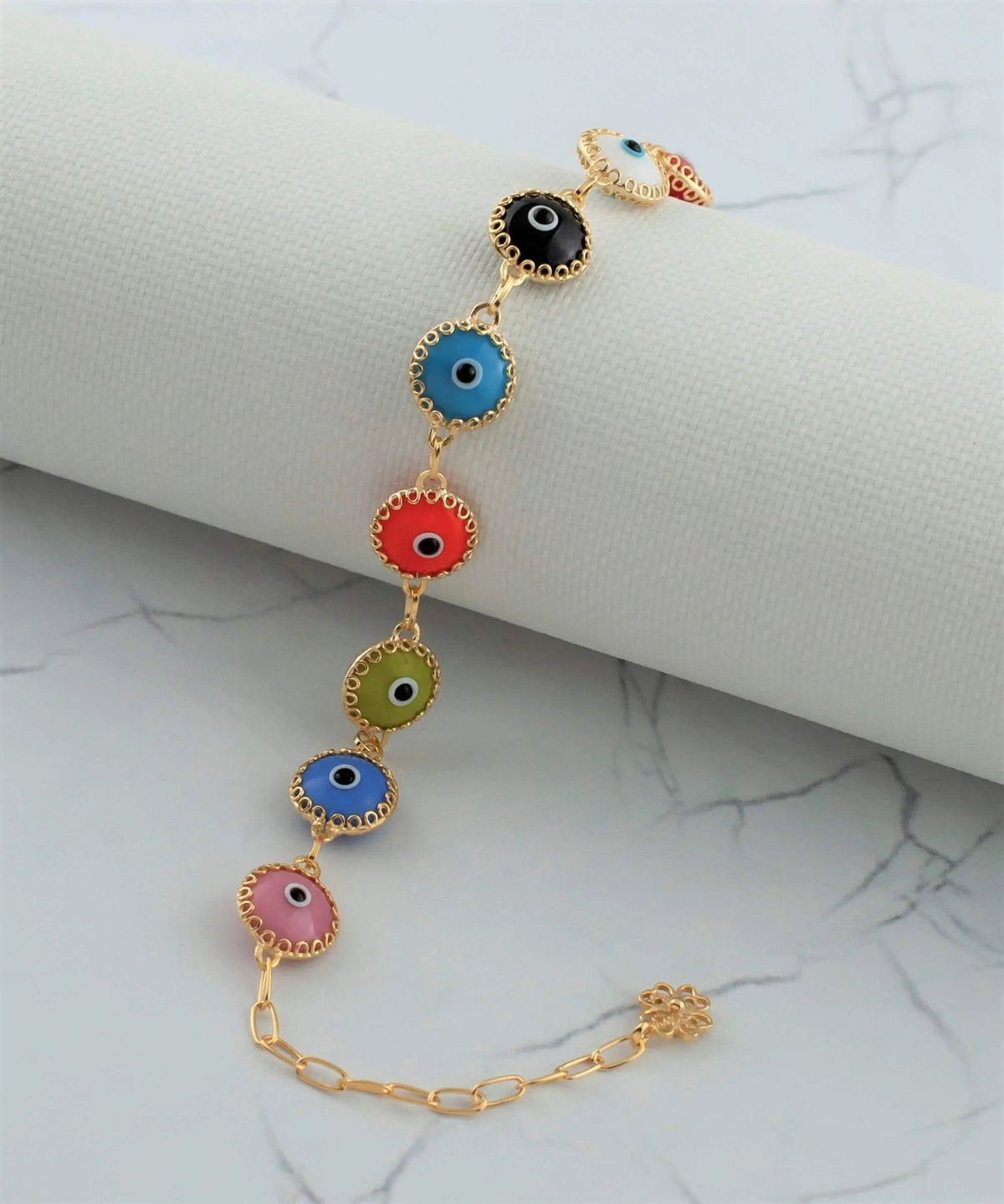 10 Beads Multicolor Evil Eye Women Gold Plated Silver Link Bracelet - Drakoi Marketplace