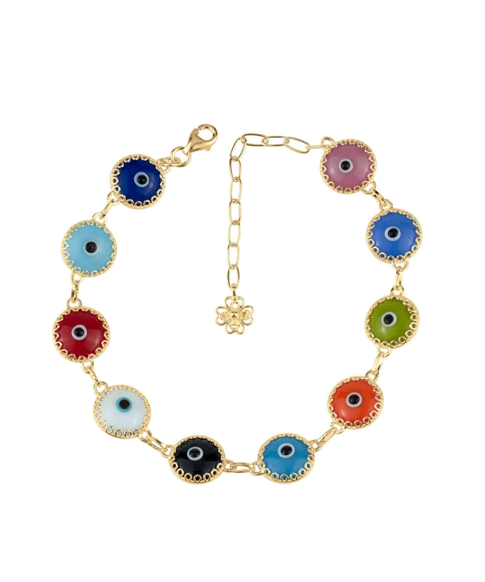 10 Beads Multicolor Evil Eye Women Gold Plated Silver Link Bracelet - Drakoi Marketplace