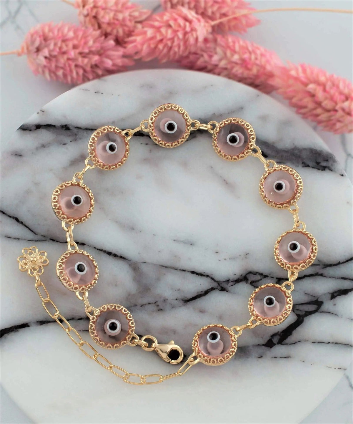 10 Beads Pink Evil Eye Women Gold Plated Silver Link Bracelet - Drakoi Marketplace