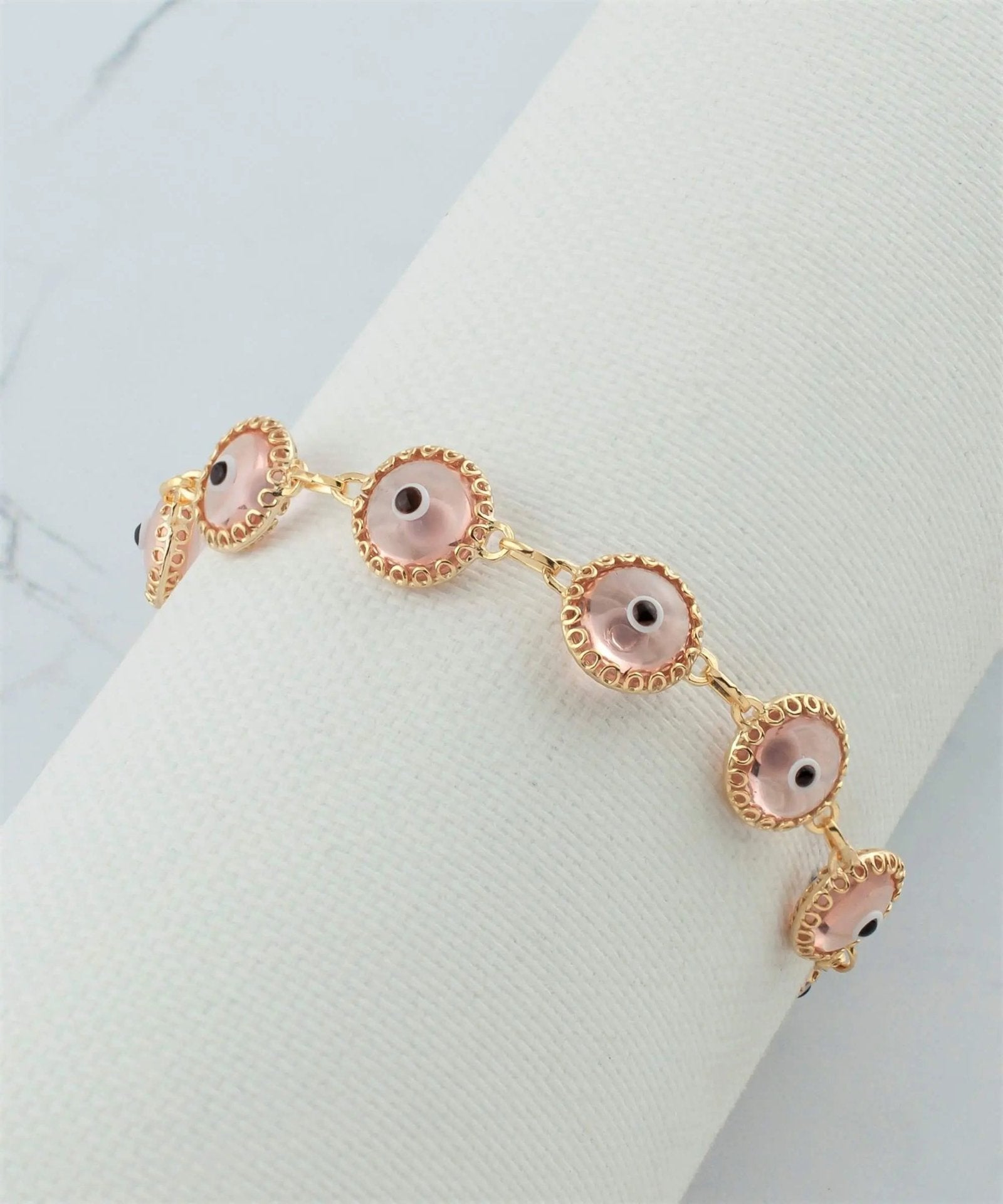 10 Beads Pink Evil Eye Women Gold Plated Silver Link Bracelet - Drakoi Marketplace