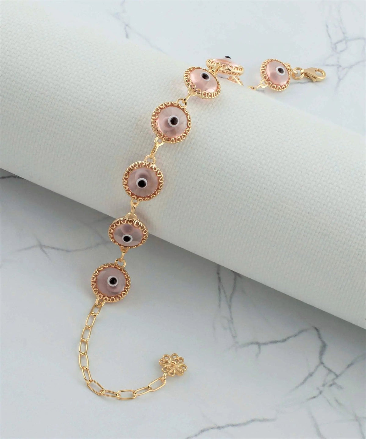 10 Beads Pink Evil Eye Women Gold Plated Silver Link Bracelet - Drakoi Marketplace