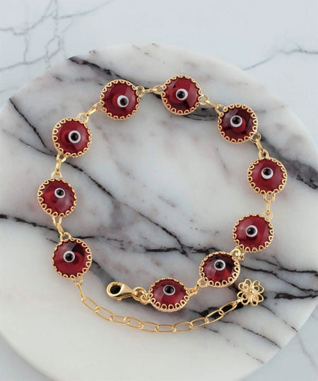 10 Beads Red Evil Eye Women Gold Plated Silver Link Bracelet - Drakoi Marketplace