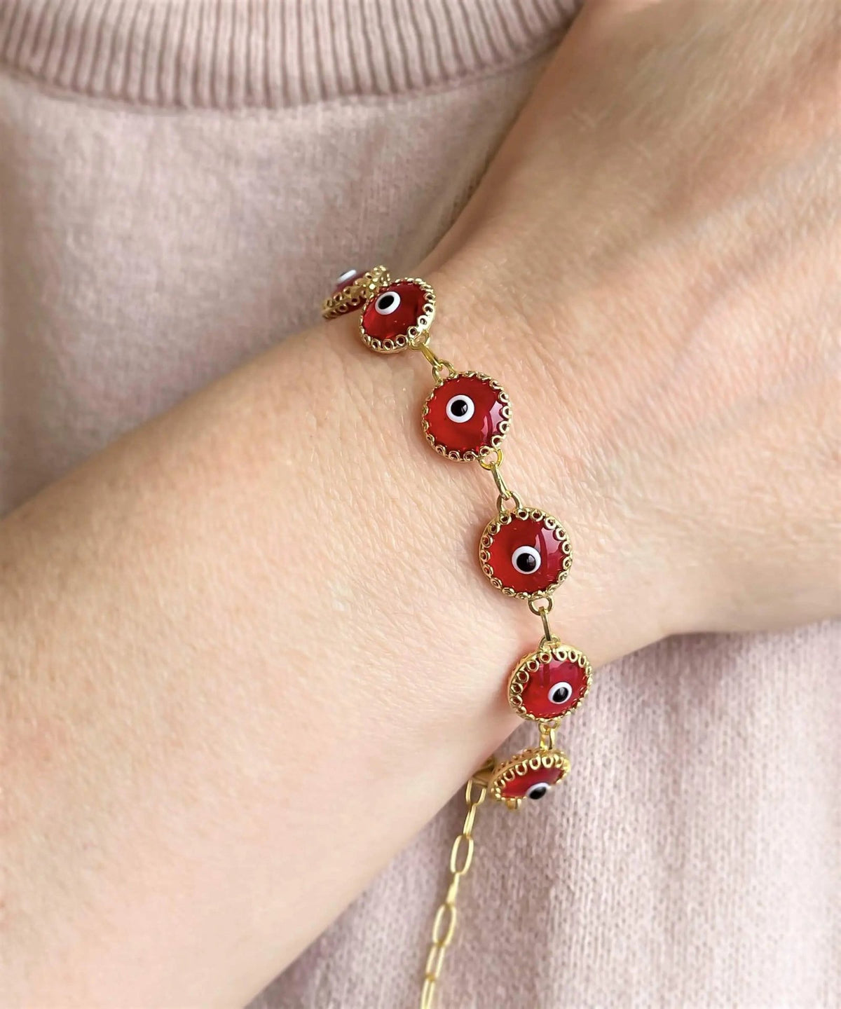 10 Beads Red Evil Eye Women Gold Plated Silver Link Bracelet - Drakoi Marketplace