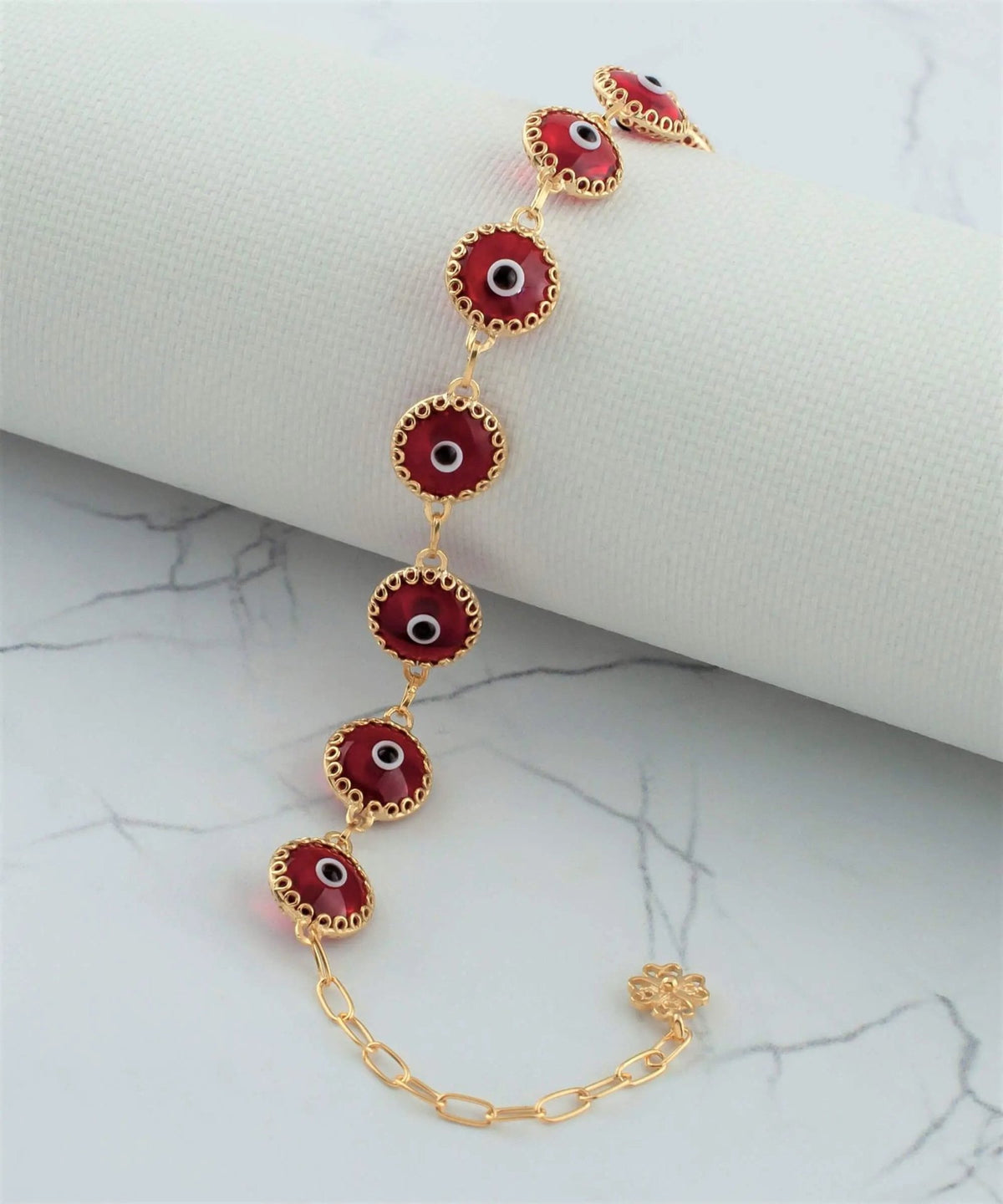 10 Beads Red Evil Eye Women Gold Plated Silver Link Bracelet - Drakoi Marketplace