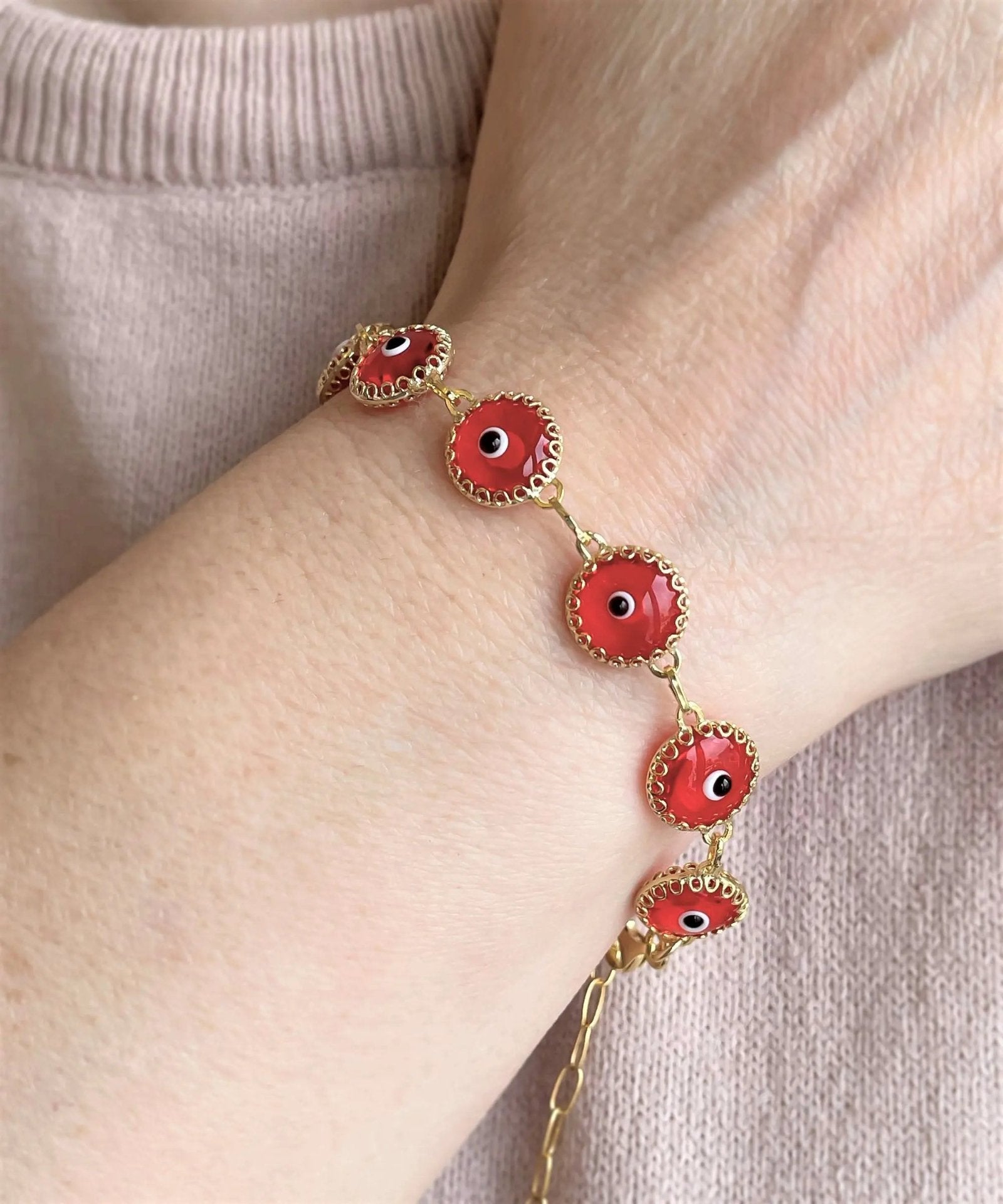 10 Beads Scarlet Evil Eye Women Gold Plated Silver Link Bracelet - Drakoi Marketplace