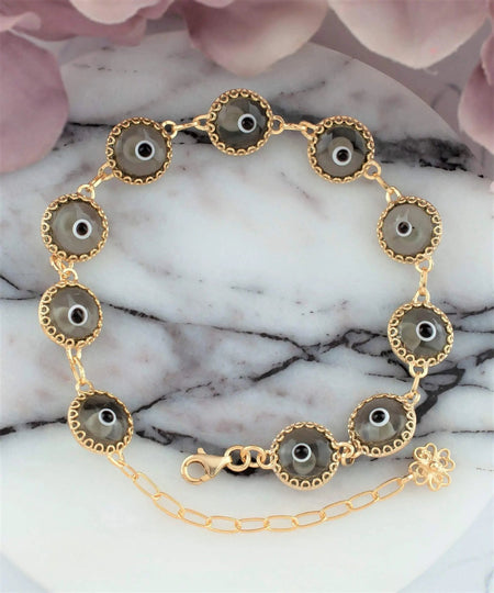 10 Beads Smokey Evil Eye Women Gold Plated Silver Link Bracelet - Drakoi Marketplace