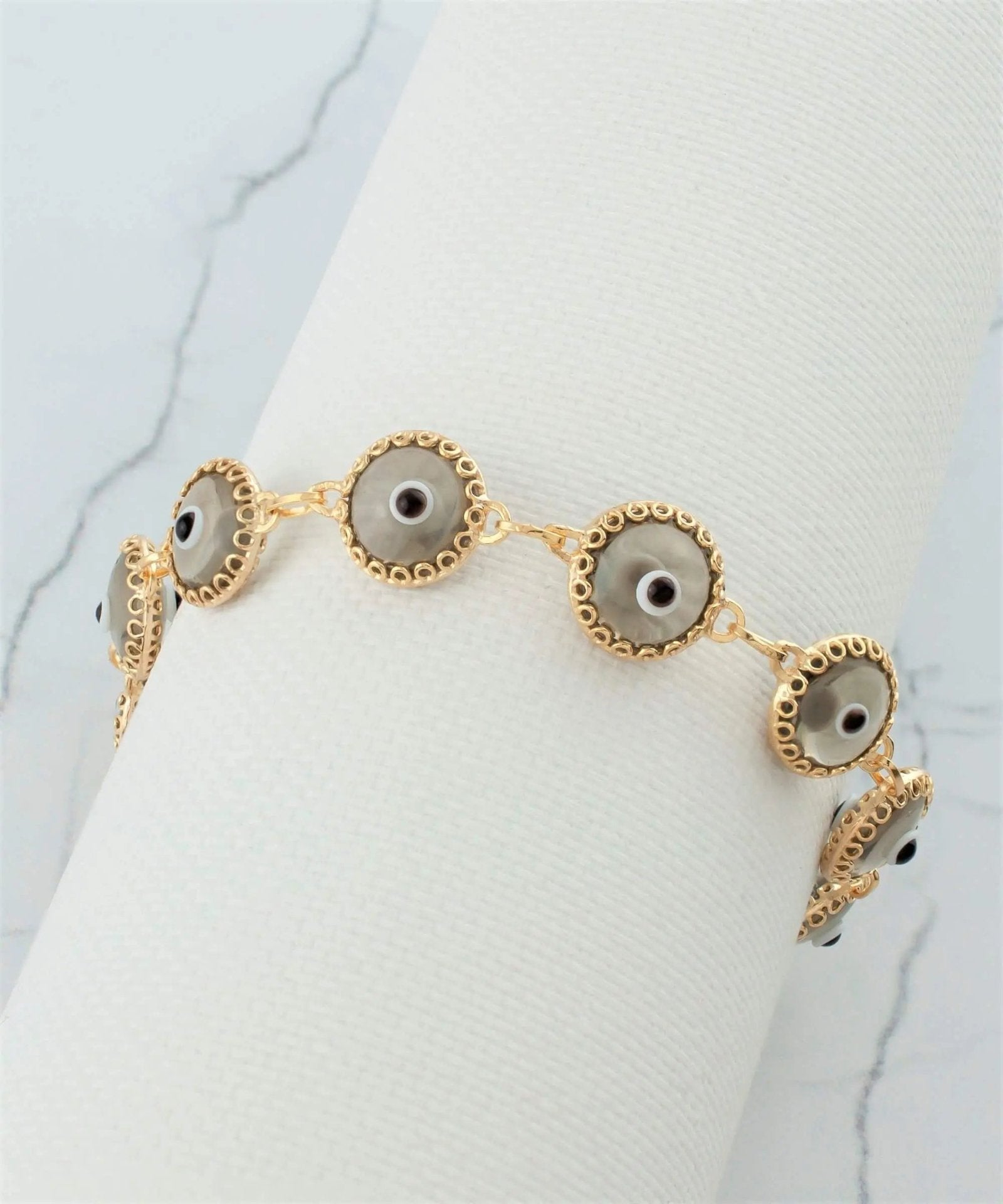 10 Beads Smokey Evil Eye Women Gold Plated Silver Link Bracelet - Drakoi Marketplace