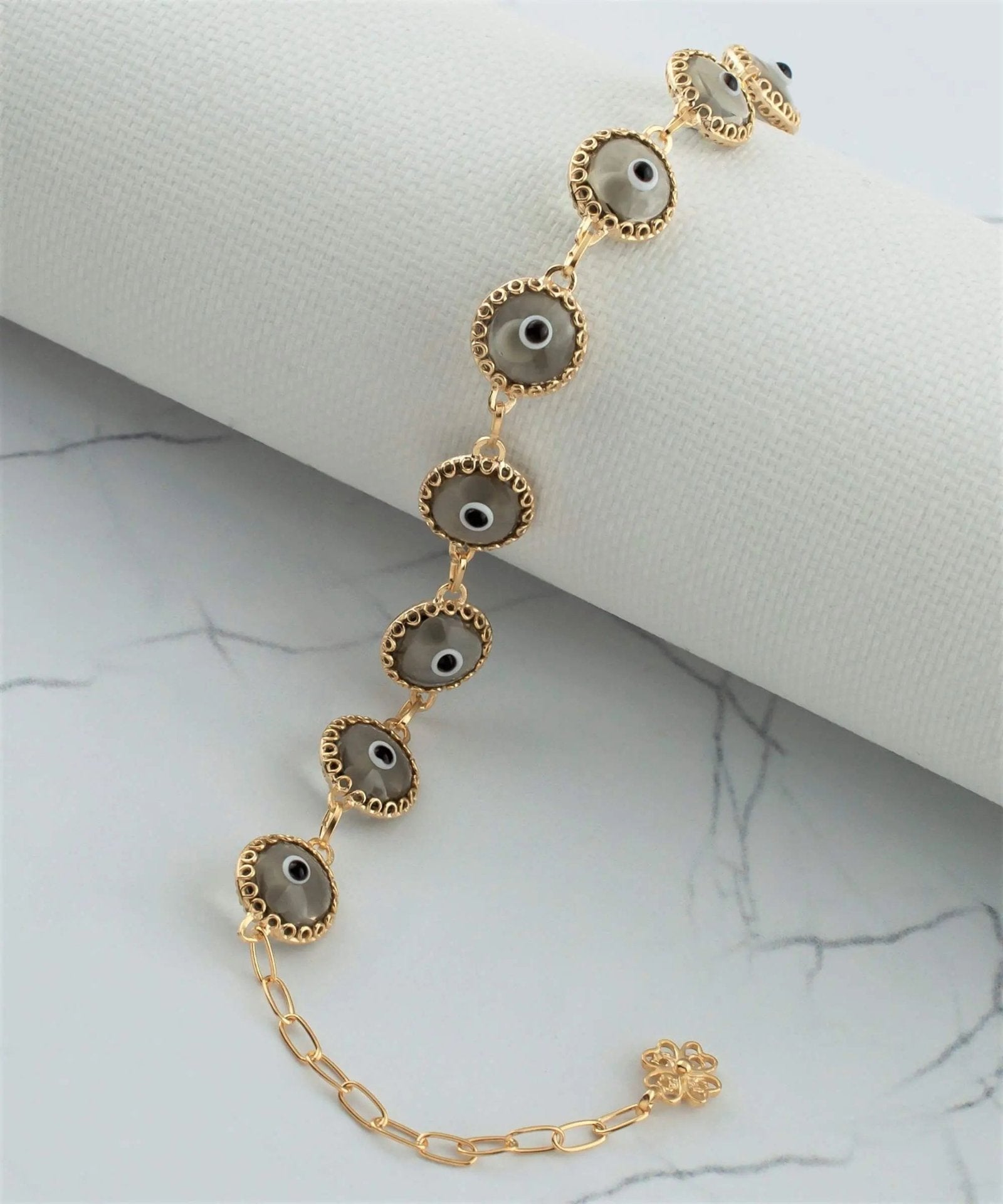 10 Beads Smokey Evil Eye Women Gold Plated Silver Link Bracelet - Drakoi Marketplace