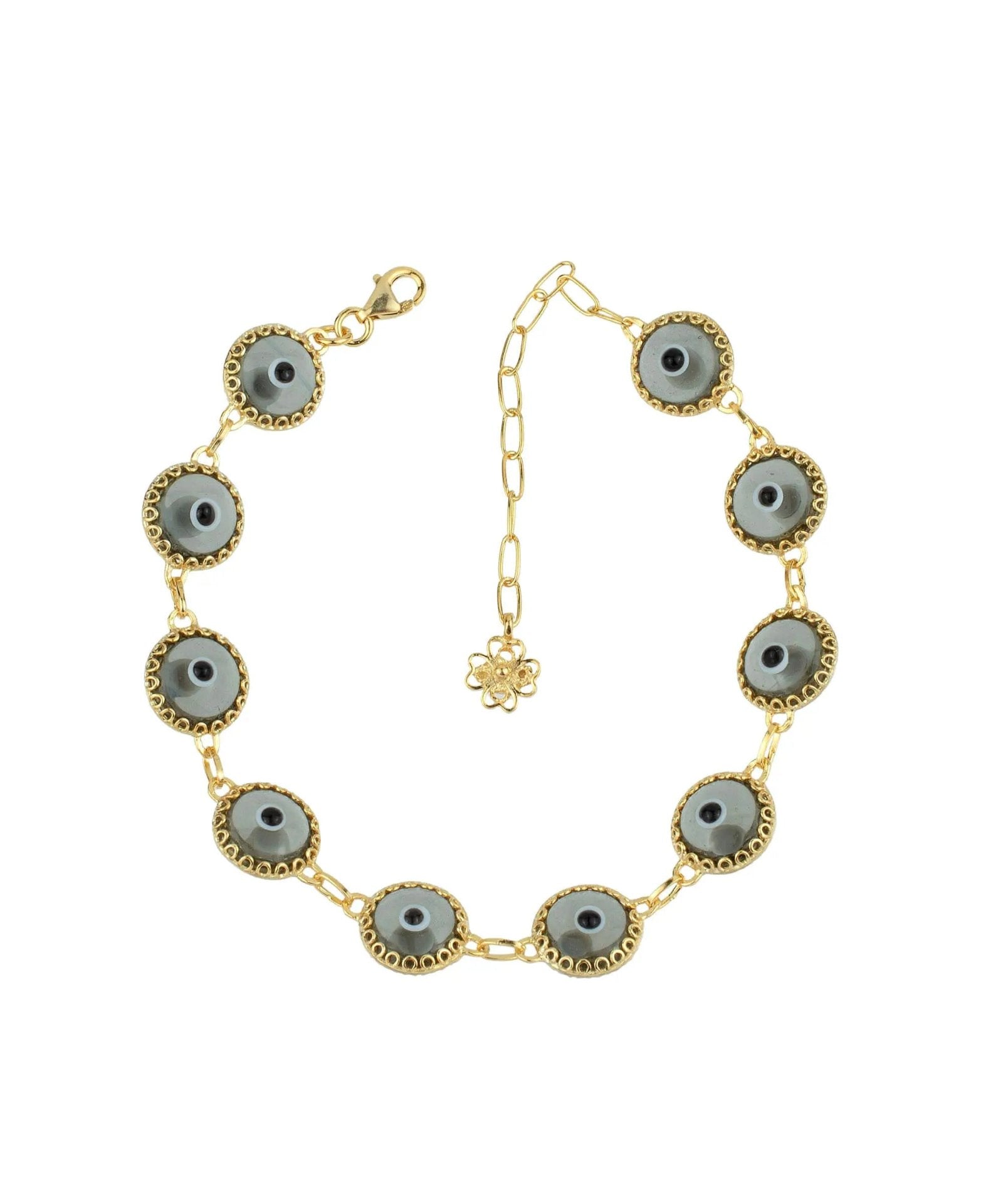 10 Beads Smokey Evil Eye Women Gold Plated Silver Link Bracelet - Drakoi Marketplace