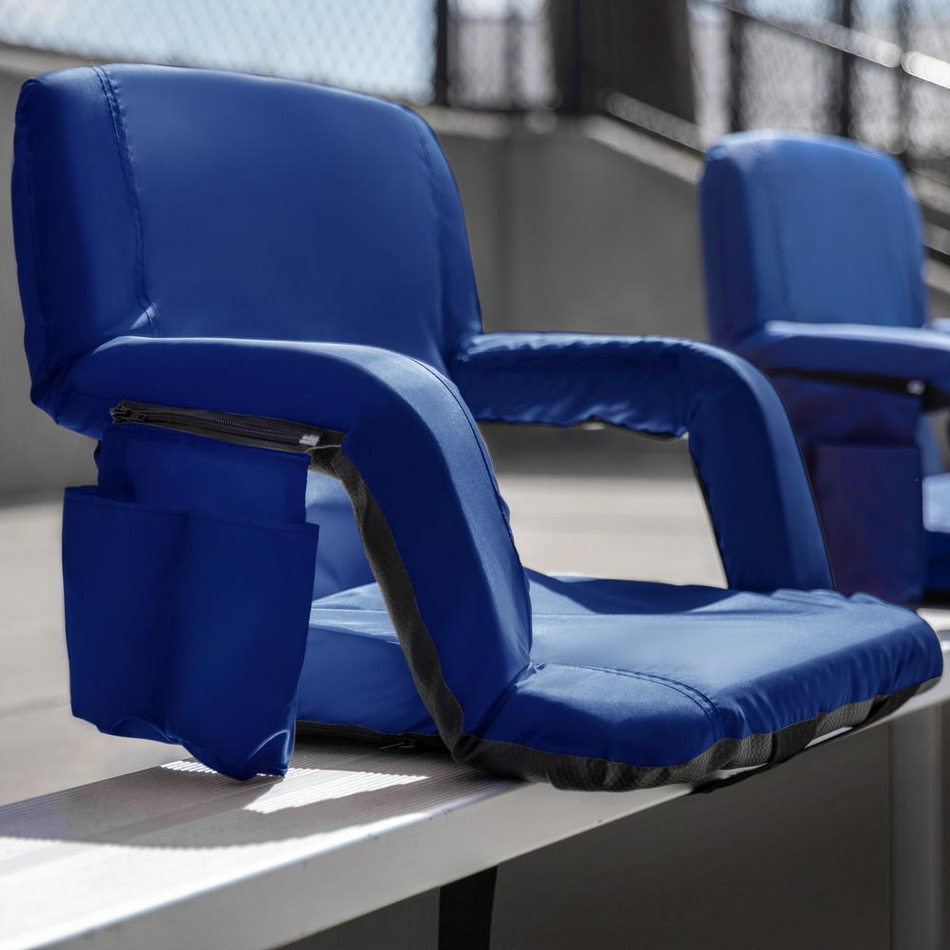 Blue Portable Lightweight Reclining Stadium Chair with Armrests, Padded Back & Seat with Dual Storage Pockets and Backpack Straps