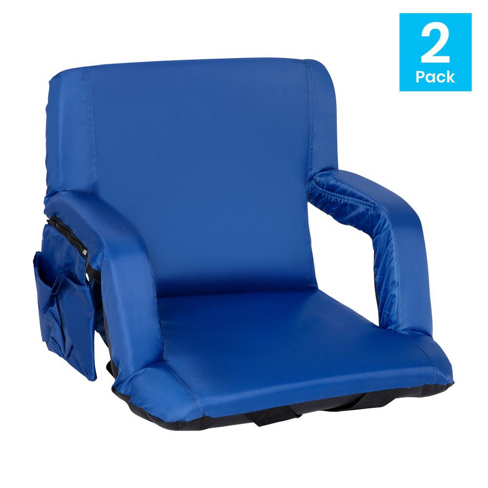 Set of 2 Blue Portable Lightweight Reclining Stadium Chairs with Armrests, Padded Back & Seat - Storage Pockets & Backpack Straps