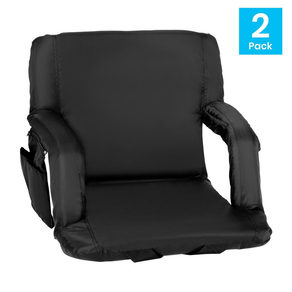 Set of 2 Black Portable Lightweight Reclining Stadium Chairs with Armrests, Padded Back & Seat - Storage Pockets & Backpack Straps