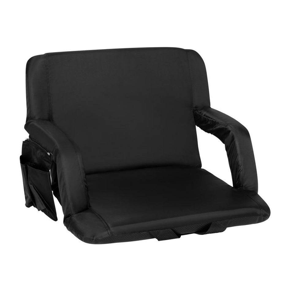 Extra Wide Black Lightweight Reclining Stadium Chair with Armrests, Padded Back & Seat with Dual Storage Pockets and Backpack Straps