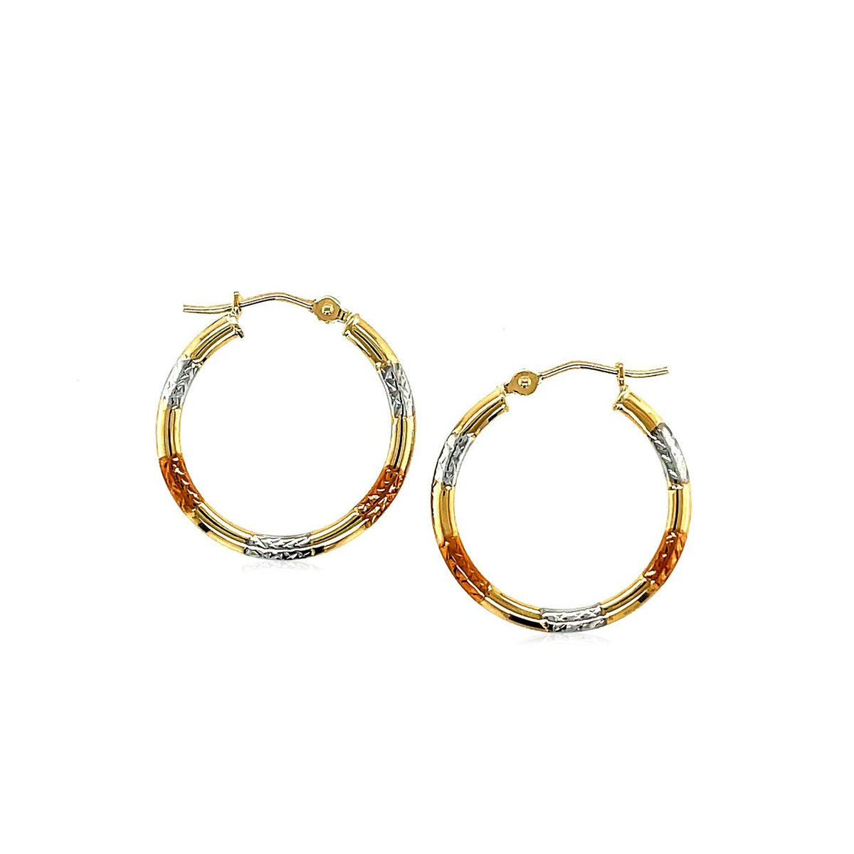 10k Tri-Color Gold Classic Hoop Earrings with Diamond Cut Details - Drakoi Marketplace