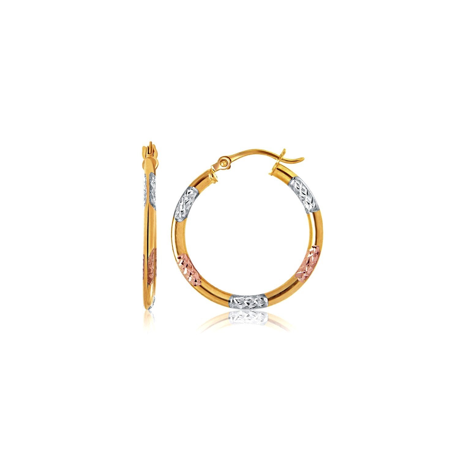 10k Tri-Color Gold Classic Hoop Earrings with Diamond Cut Details - Drakoi Marketplace