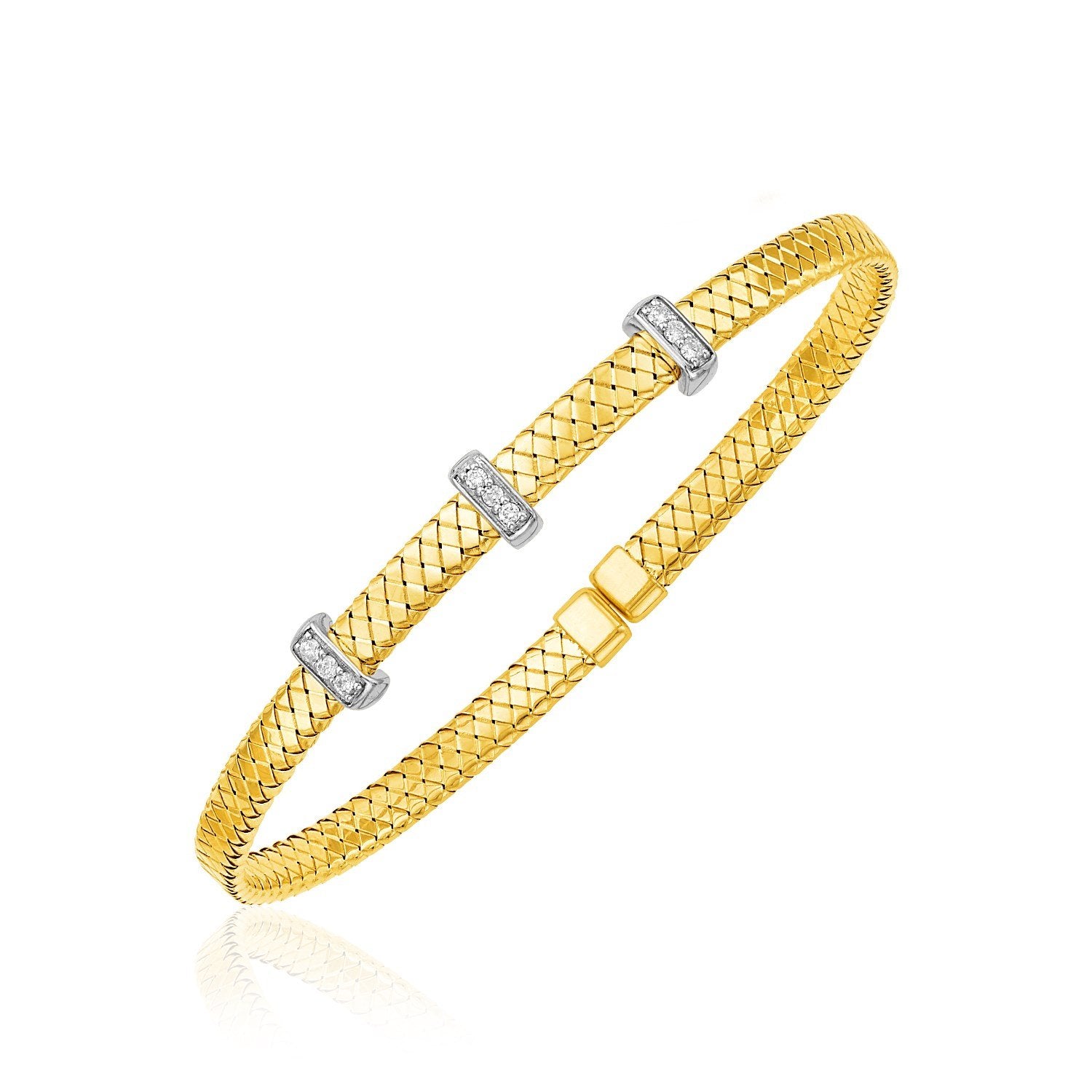 14k Two Tone Gold Narrow Basket Weave Bangle with Diamonds - Drakoi Marketplace