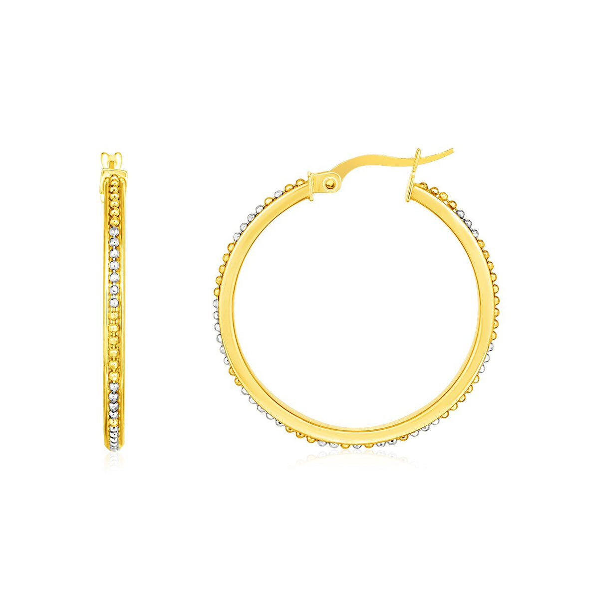 14k Two-Tone Gold Round Hoop Earrings with Bead Texture - Drakoi Marketplace