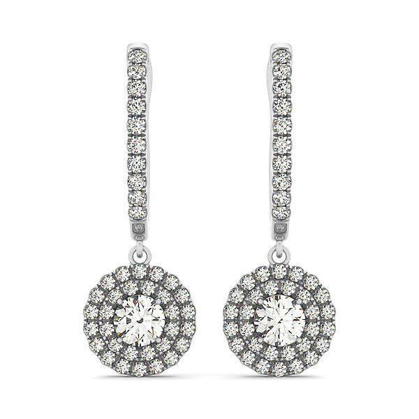 14k White Gold Double Halo Round Diamond Drop Earrings (1 cttw) - Drakoi Marketplace