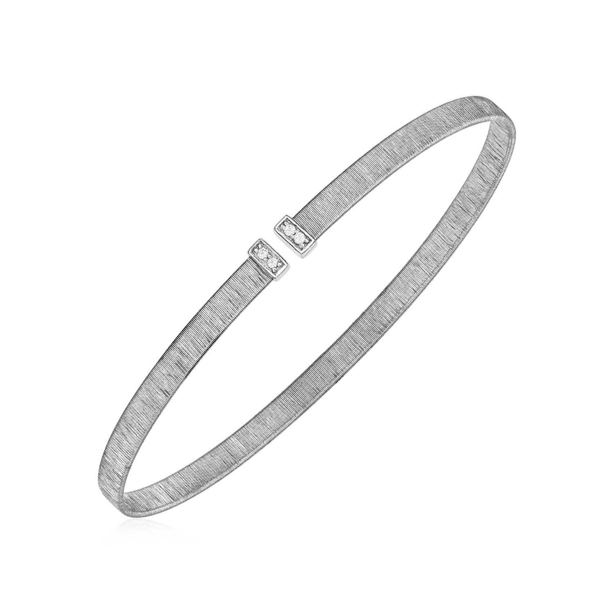 14k White Gold Narrow Silk Textured Cuff Bangle with Diamonds - Drakoi Marketplace