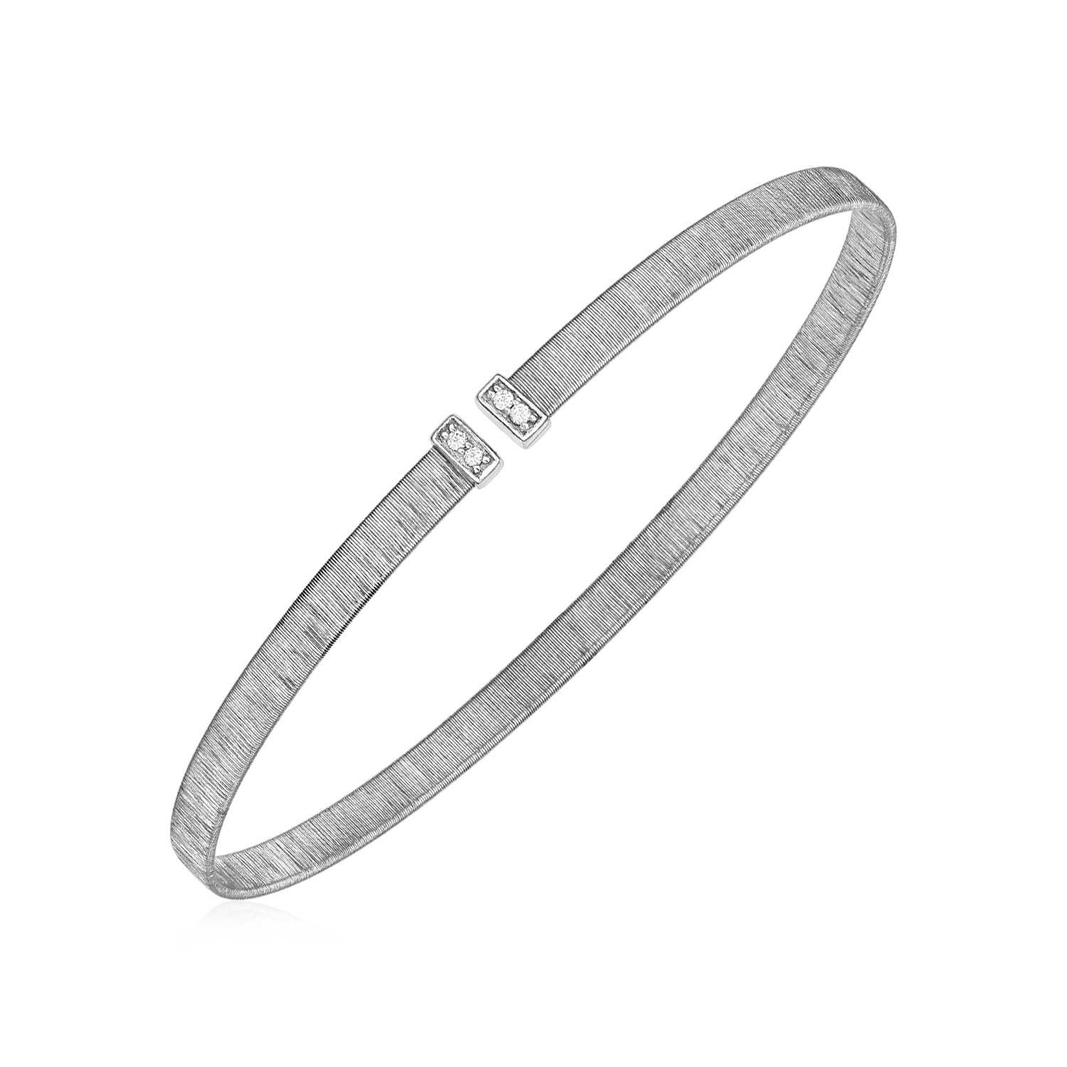 14k White Gold Narrow Silk Textured Cuff Bangle with Diamonds - Drakoi Marketplace