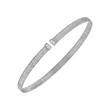 14k White Gold Narrow Silk Textured Cuff Bangle with Diamonds - Drakoi Marketplace