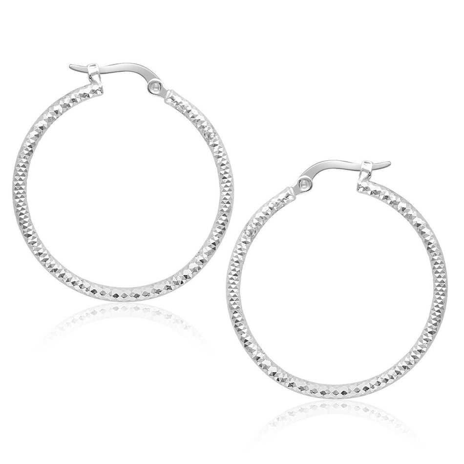 14k White Gold Tube Textured Round Hoop Earrings - Drakoi Marketplace