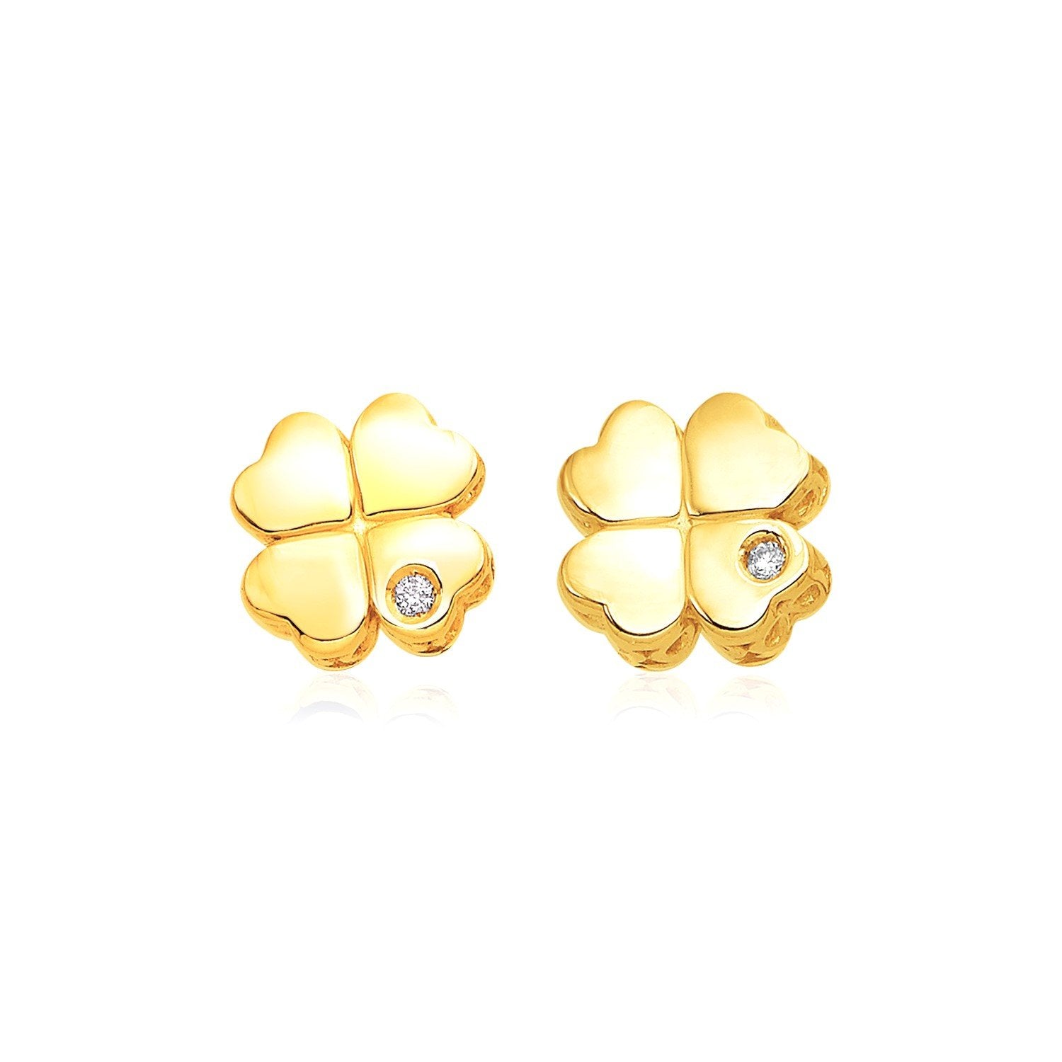 14k Yellow Gold Polished Four Leaf Clover Earrings with Diamonds - Drakoi Marketplace