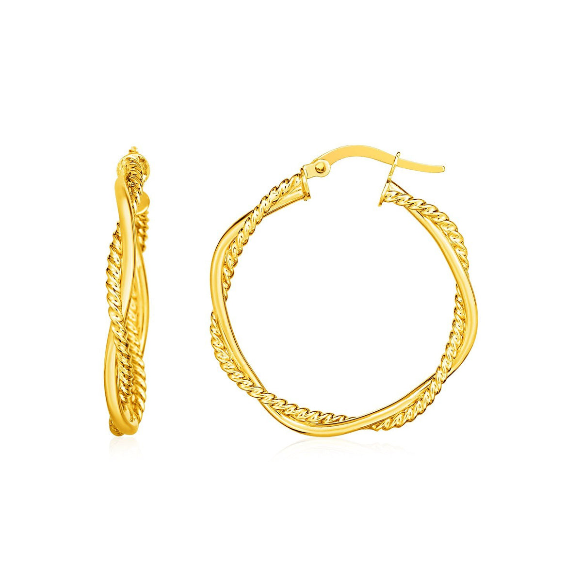 14K Yellow Gold Two Part Textured Twisted Round Hoop Earrings - Drakoi Marketplace