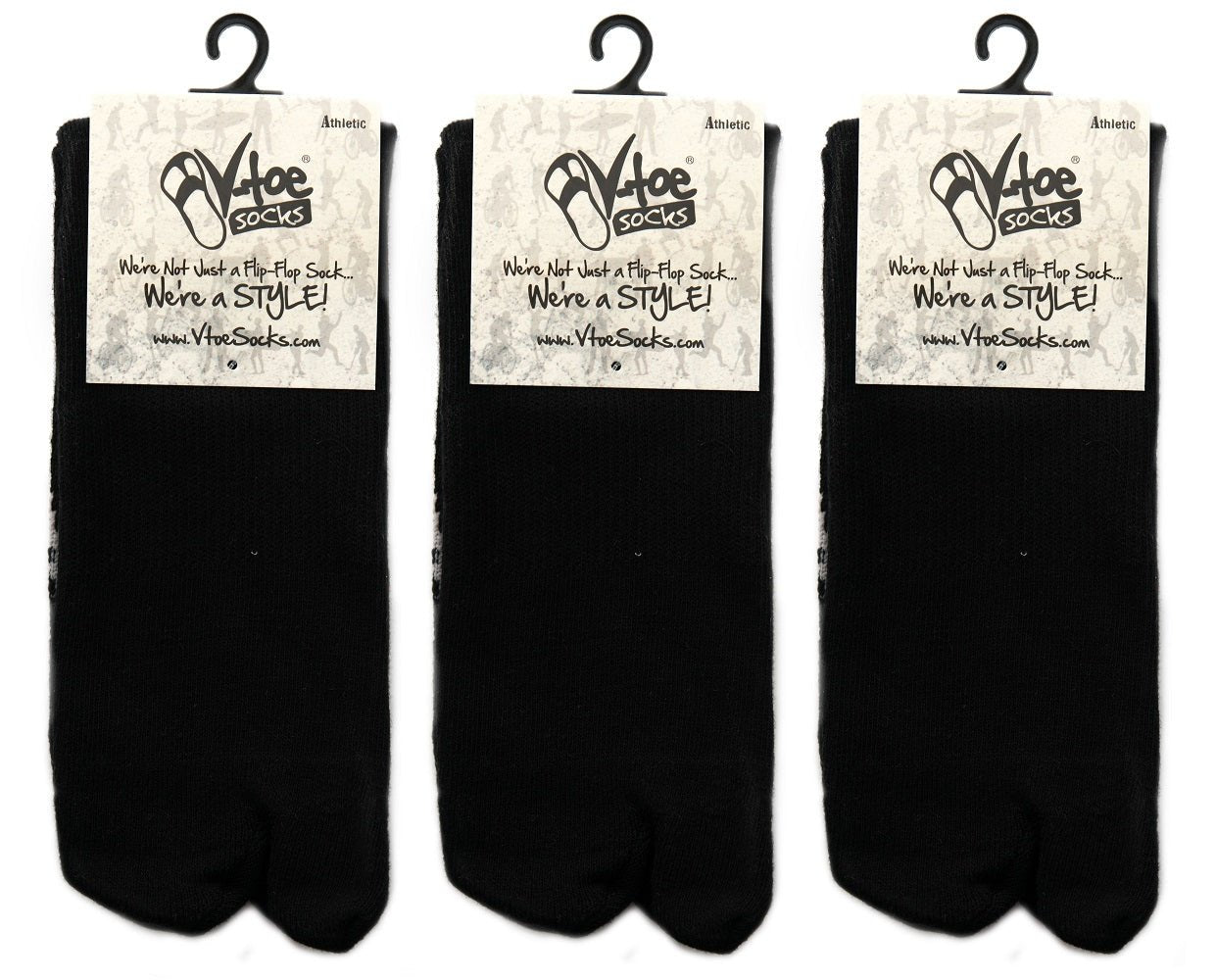 3 Pairs Athletic - V-Toe Flip Flop Tabi Big Toe Crew Sports Or Casual Black Solid Socks - Drakoi Marketplace